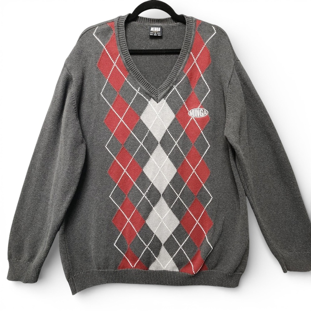 MINGA London V-Neck Argyle Jumper‎ Sweater Womens XL Oversized Slouchy Preppy